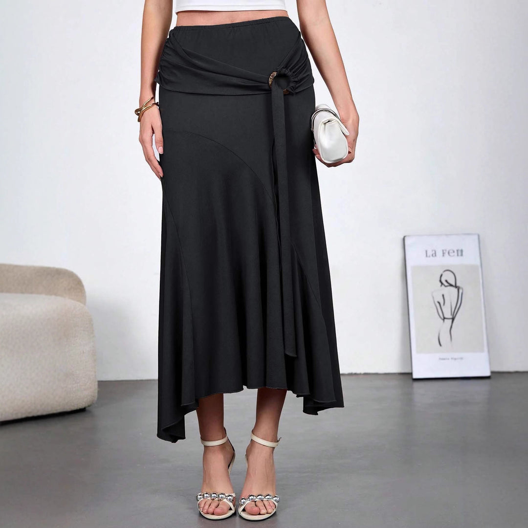 Women's flowing wrap tiered skirt with asymmetric hem and tying ring Mune Fashion