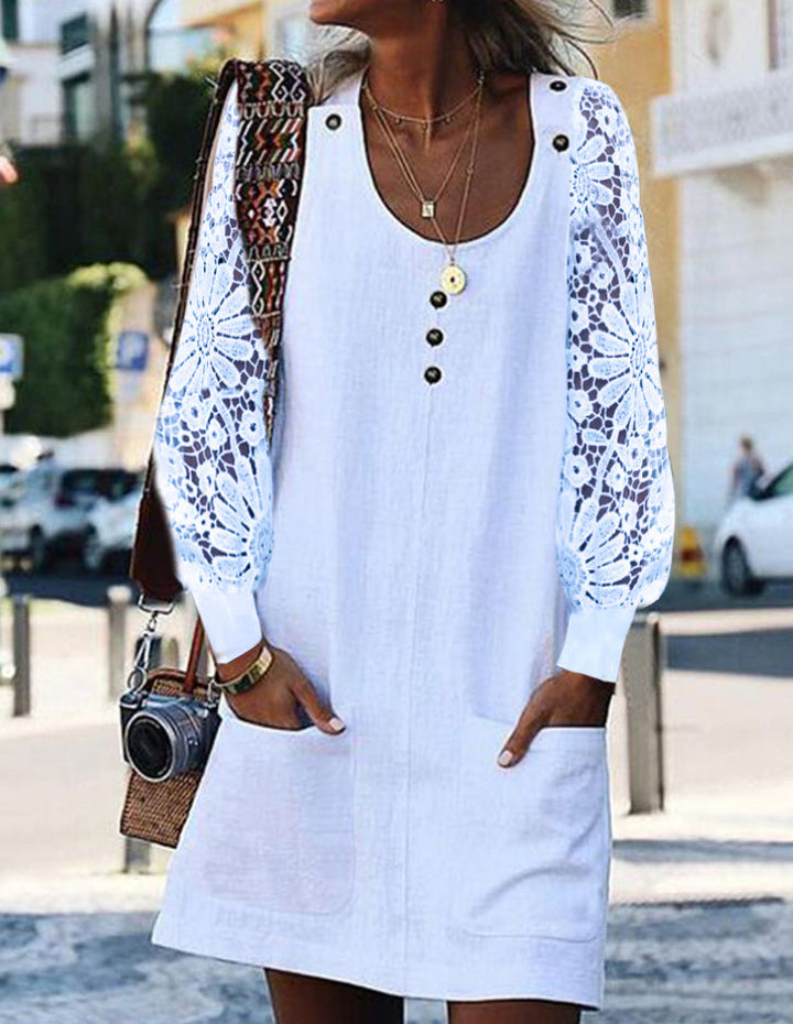 Women's relaxed linen mini dress with floral crochet sleeves, U-neckline and patch pockets Mune Fashion