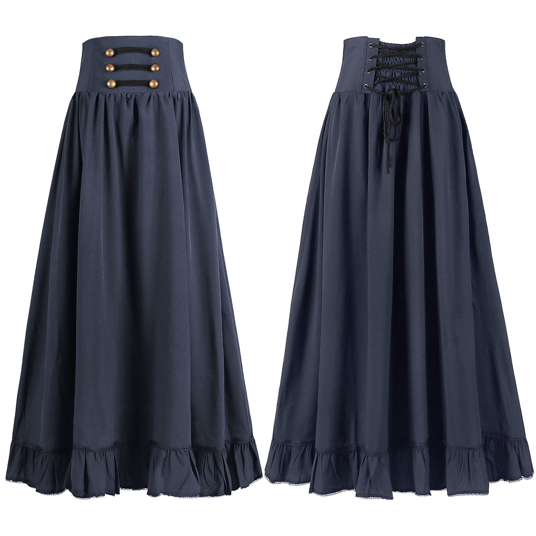 Ladies long high-waist skirt with corset waistband, ruffled hem and decorative buttons around