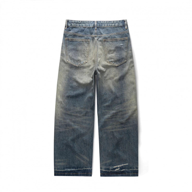 Men's Wide Vintage Denim Jeans with Used Wash and Distressed Details Mune Fashion