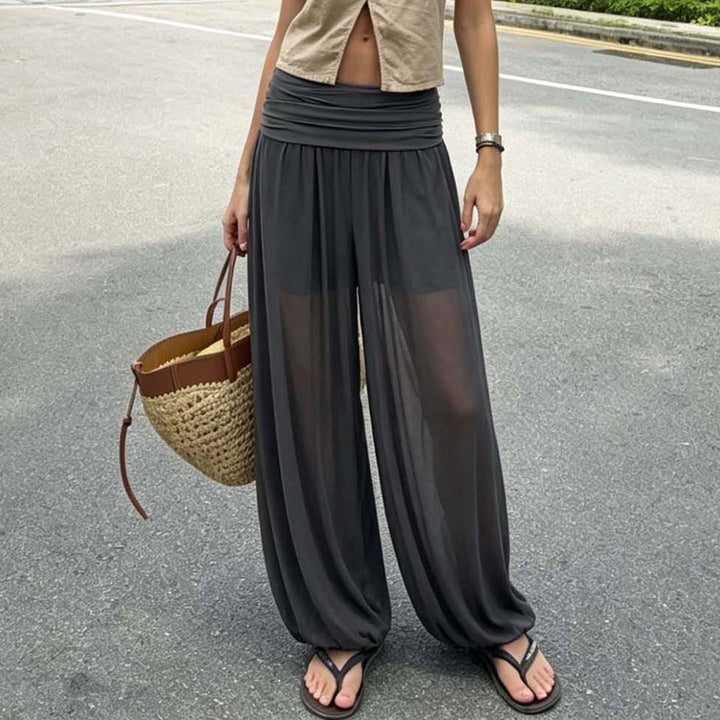 Ladies' wide harem pants with folded waistband and elastic leg cuffs Mune Fashion