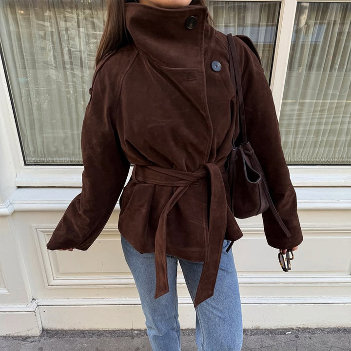 Women's short jacket made of suede with a high stand-up collar and tie belt Mune Fashion