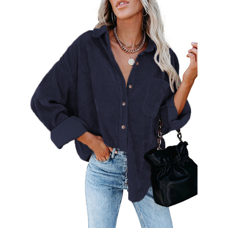 Women's Oversized Cord Shirt Jacket with Breast Pocket and Continuous Button Placket Mune Fashion
