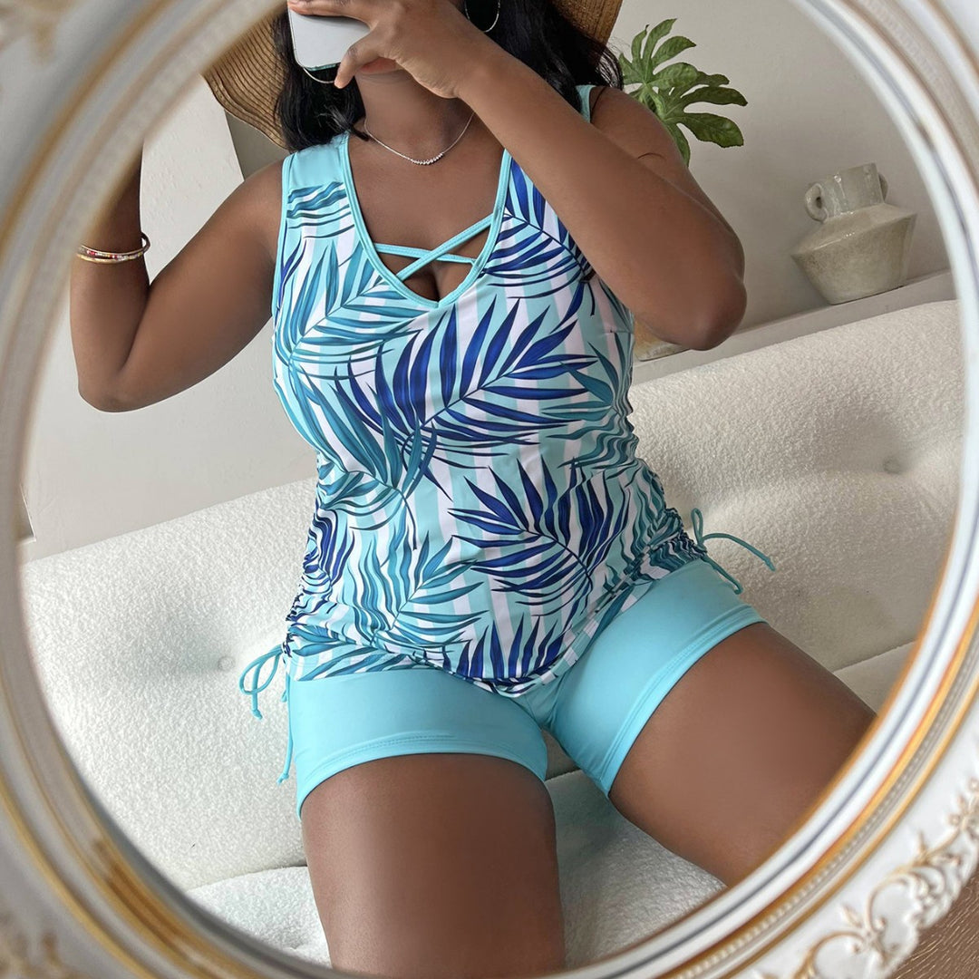 Women's swim top with side ruffle details and fashionable leaf pattern Mune Fashion