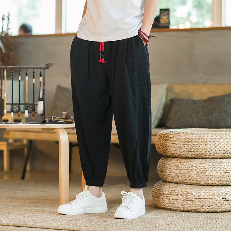 Men's loose harem pants with elastic waistband and decorative drawstring Mune Fashion
