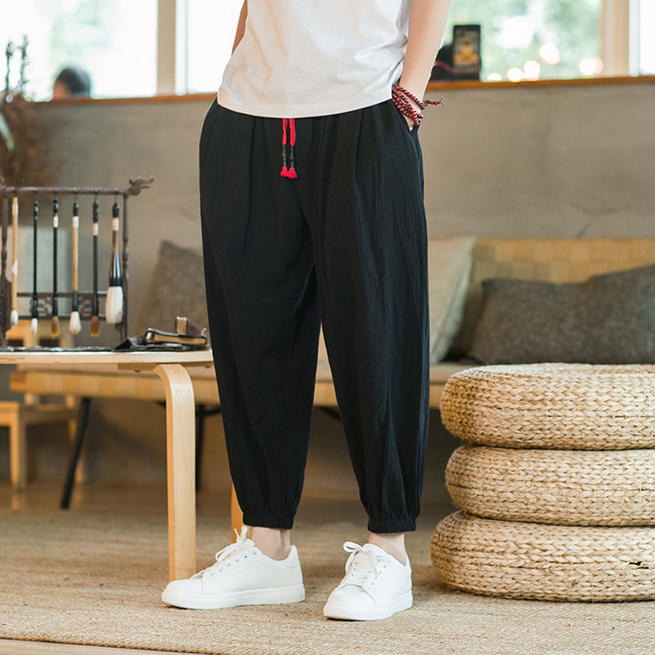 Men's loose harem pants with elastic waistband and decorative drawstring Mune Fashion