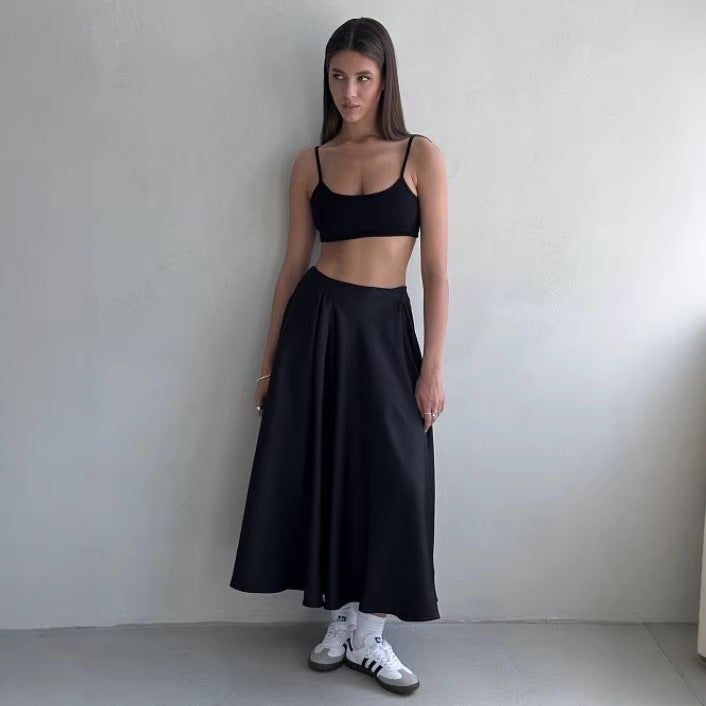 Women's Flowing Satin Midi Skirt with High Waist and Pleats Mune Fashion