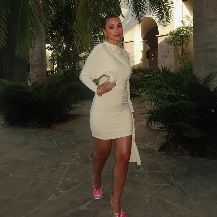Women Tailored Mini Dress with High Stand Collar & Side Draping Mune Fashion