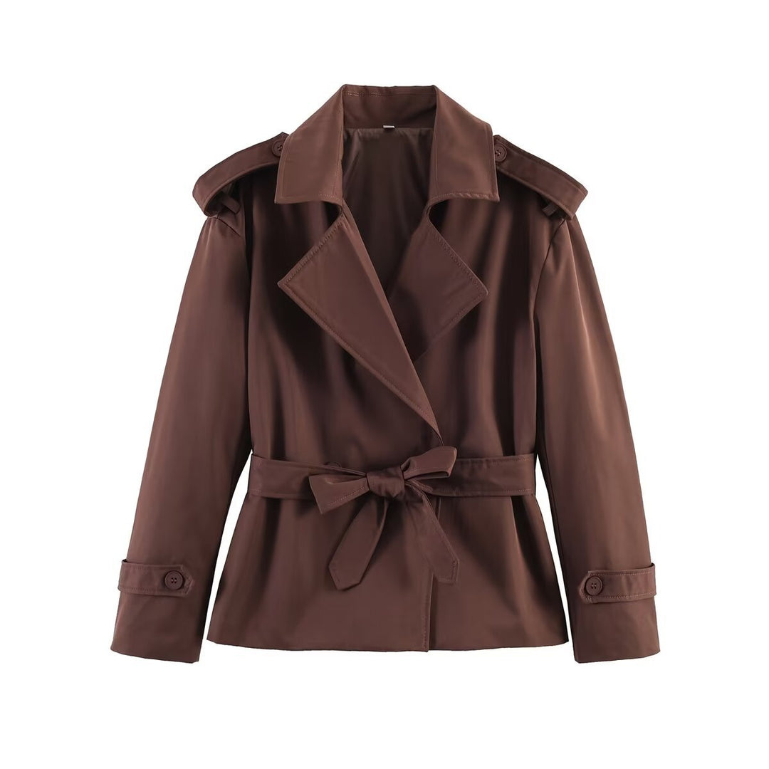 Women's Tailored Cropped Trench Coat with Wide Lapels, Belt and Epaulettes Mune Fashion