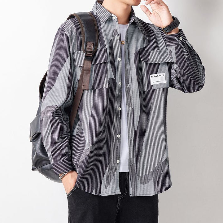 Men's Loose Shirt Jacket in Graphic Pinstripe Mix with Patch Chest Pockets Mune Fashion