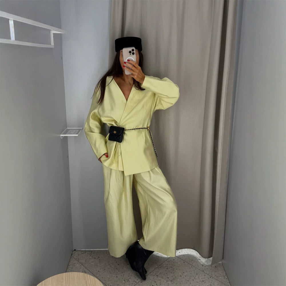 Women Two-Piece Wrap Blazer Set with Tie Belt and High-Cut Wide Pleated Pants Mune Fashion