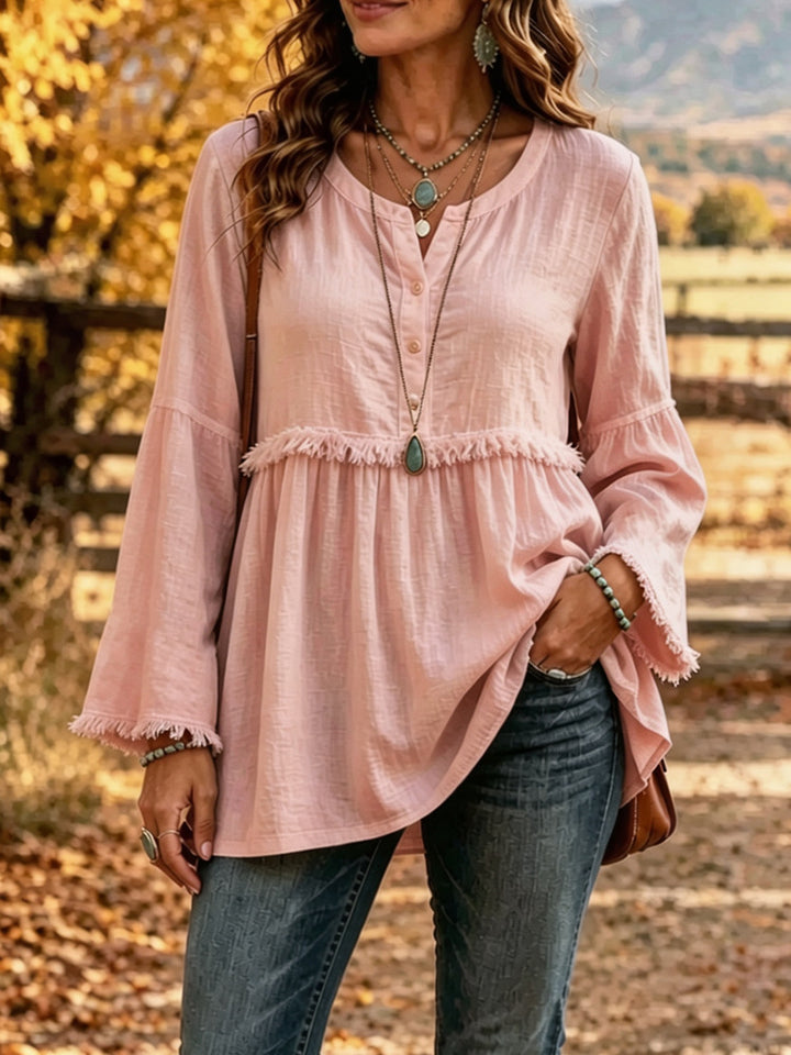 Women's Fringe Tunic Blouse with V-Neck and Bell Sleeves Mune Fashion