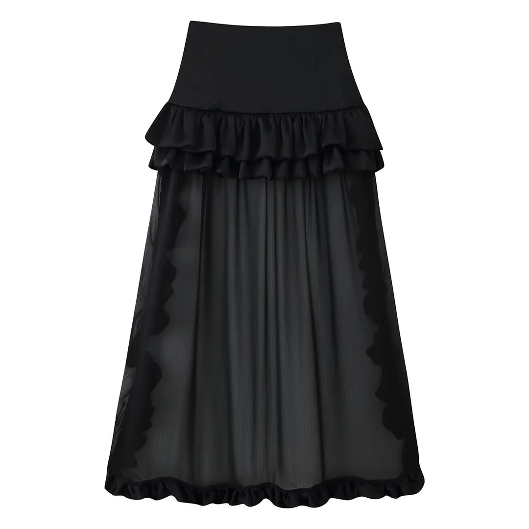 Women's maxi skirt with high waist, multi-layered ruffles and transparent tulle overlay Mune Fashion