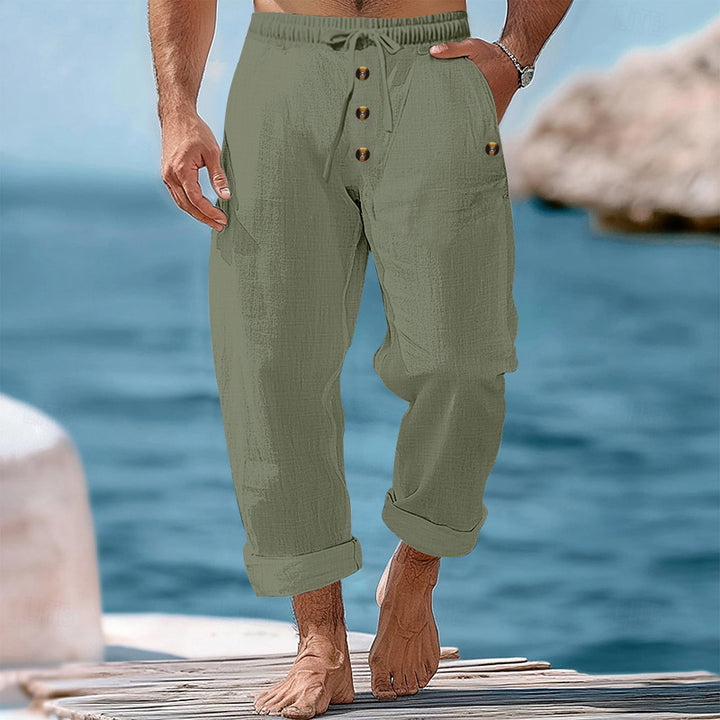 Men's casual linen-cotton pants with elastic waistband, drawstring, and rolled-up hem Mune Fashion