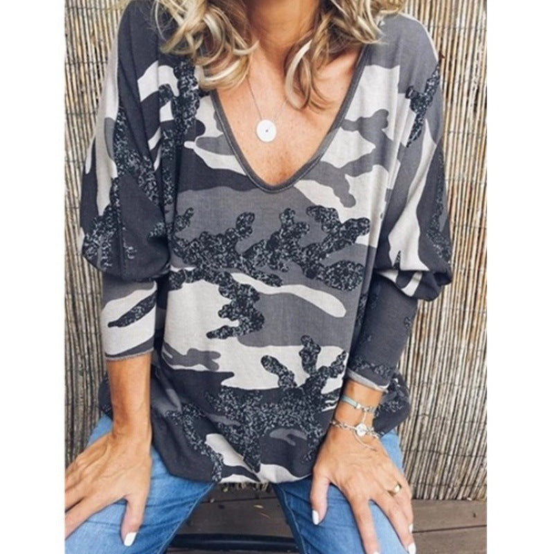 Women's Oversize V-Neck Long Shirt with Camouflage Print and Glitter Trim Mune Fashion