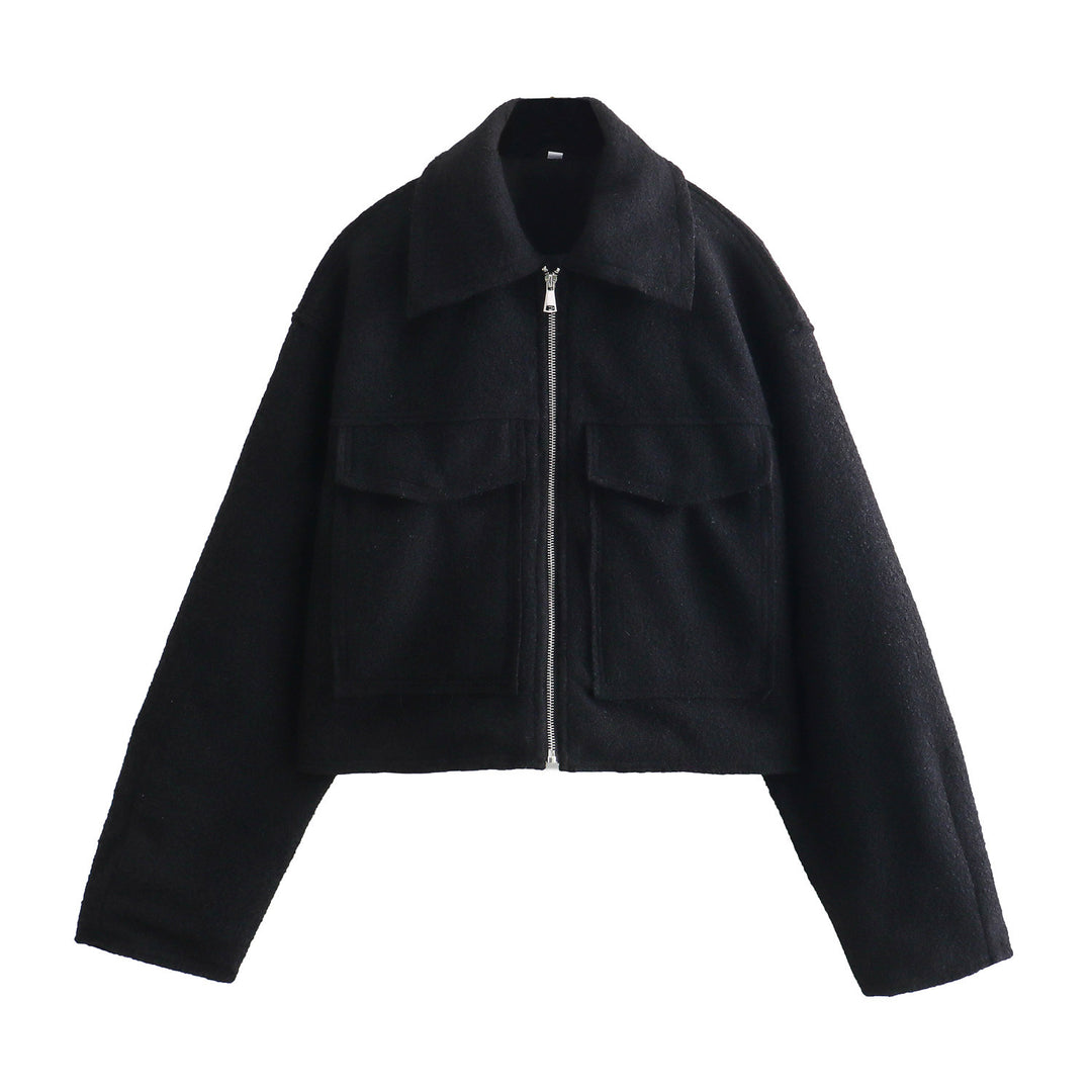 Women Short Boucle Jacket in Boxy Cut with Zip and Flap Pockets Mune Fashion