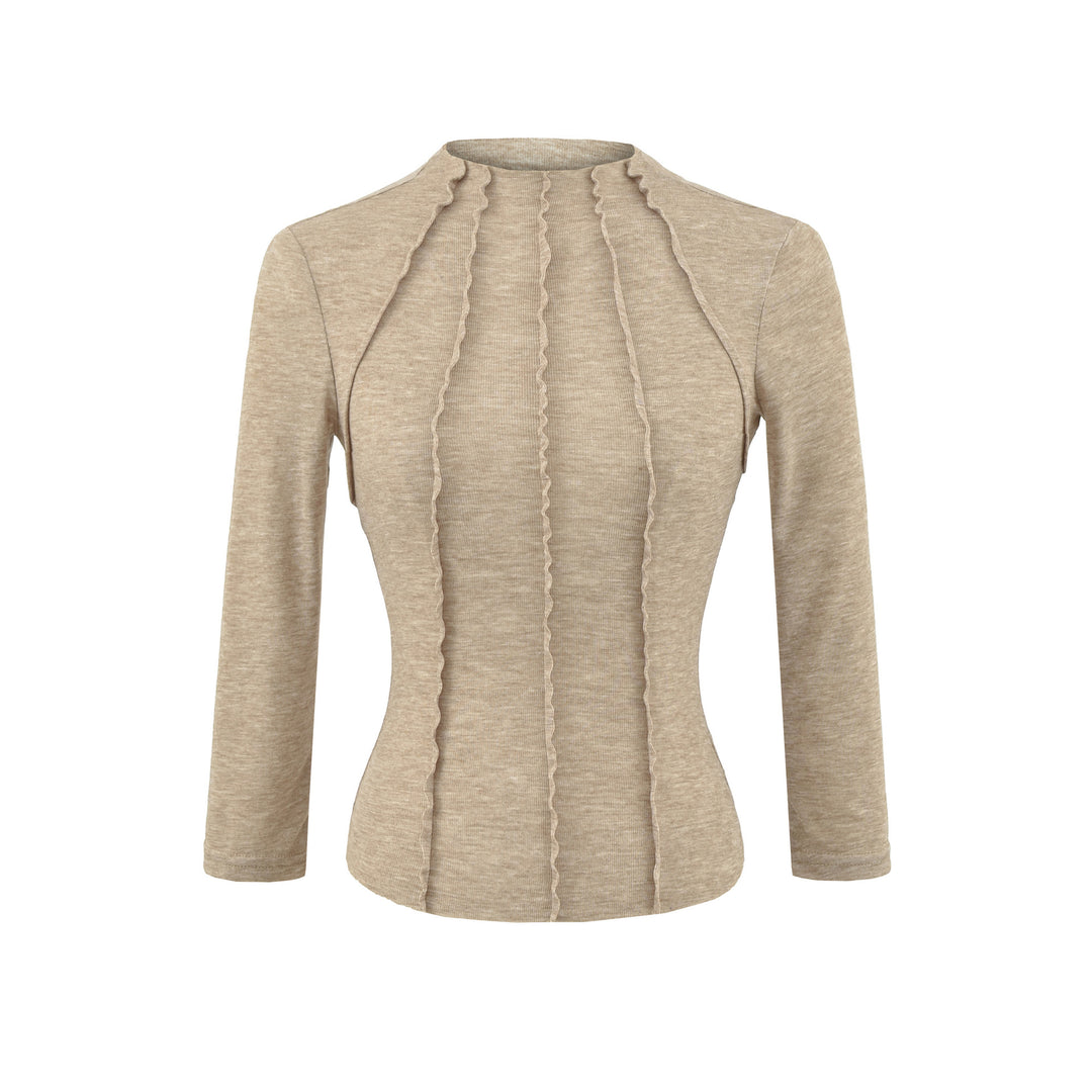 Women's Fitted Long Sleeve Shirt with Stand-Up Collar and Decorative Ruffles