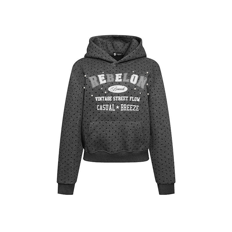 Women's hoodie with polka dot, college print, and ribbed hem Mune Fashion