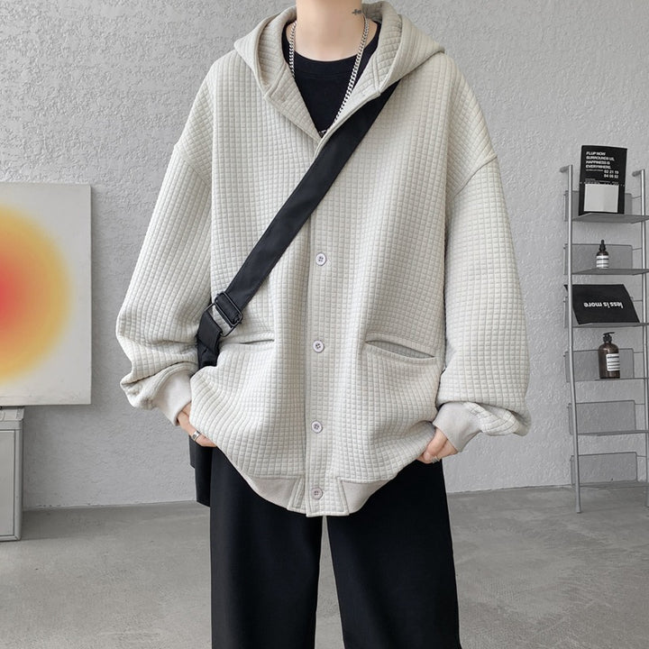 Men's Oversized Quilted Hooded Jacket with Waffle Texture, Button Placket and Side Pockets Mune Fashion
