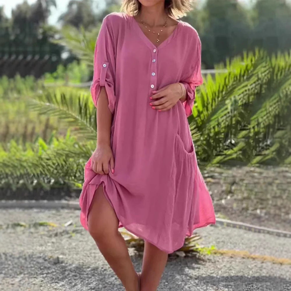 Ladies light V-neck tunic dress with button placket, patch pocket and roll-up sleeves Mune Fashion