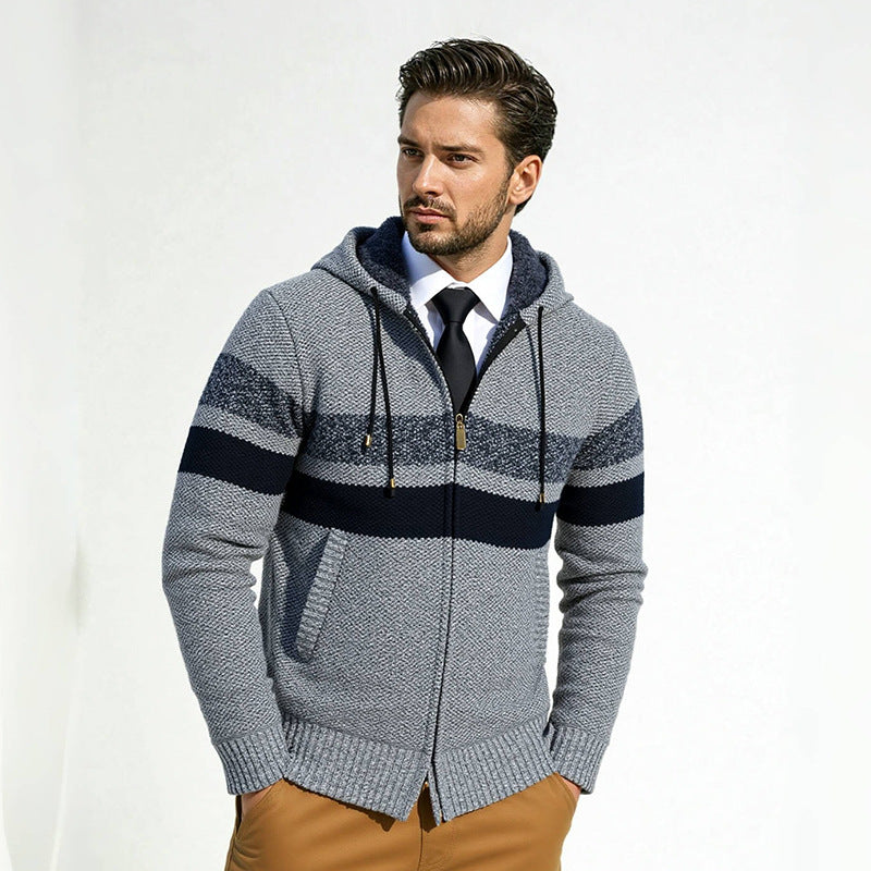 Men's Structured Hooded Cardigan with Contrast Stripes and Full Zip Mune Fashion