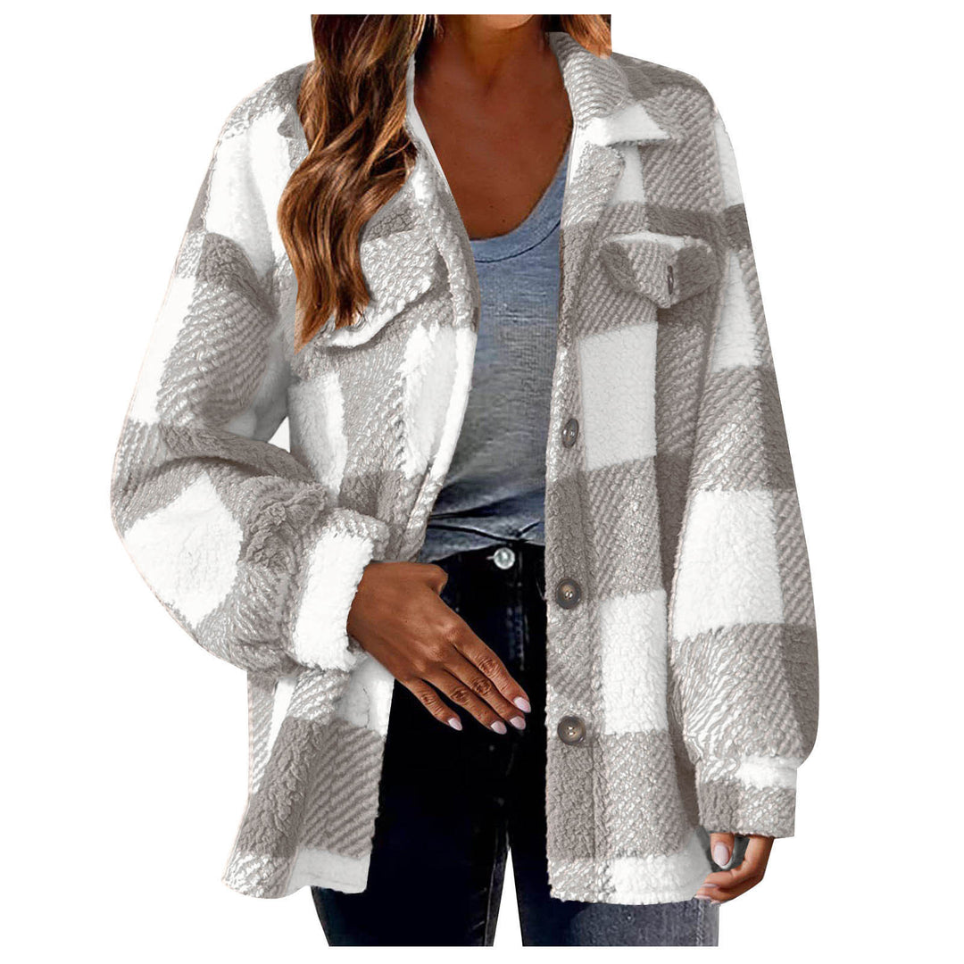 Women's cozy Sherpa check transitional jacket with chest pockets and generous oversized cut Mune Fashion