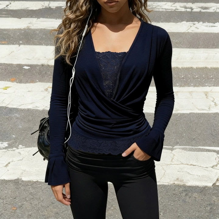 Women's wrap top with deep V-neck, gathering and lace trim Mune Fashion