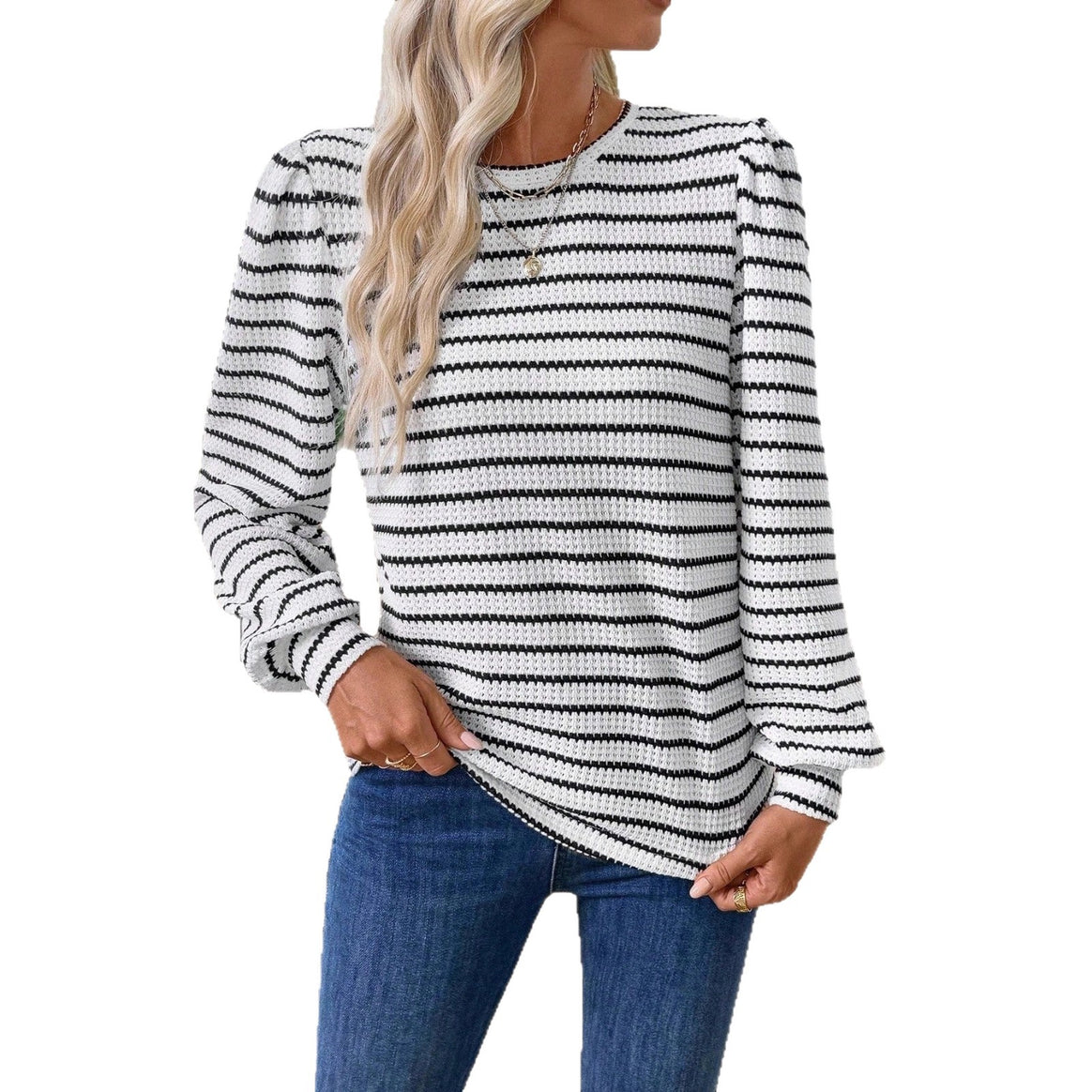 Women Striped Fine Knit Long Sleeve with Structured Stitch and Round Neck Mune Fashion
