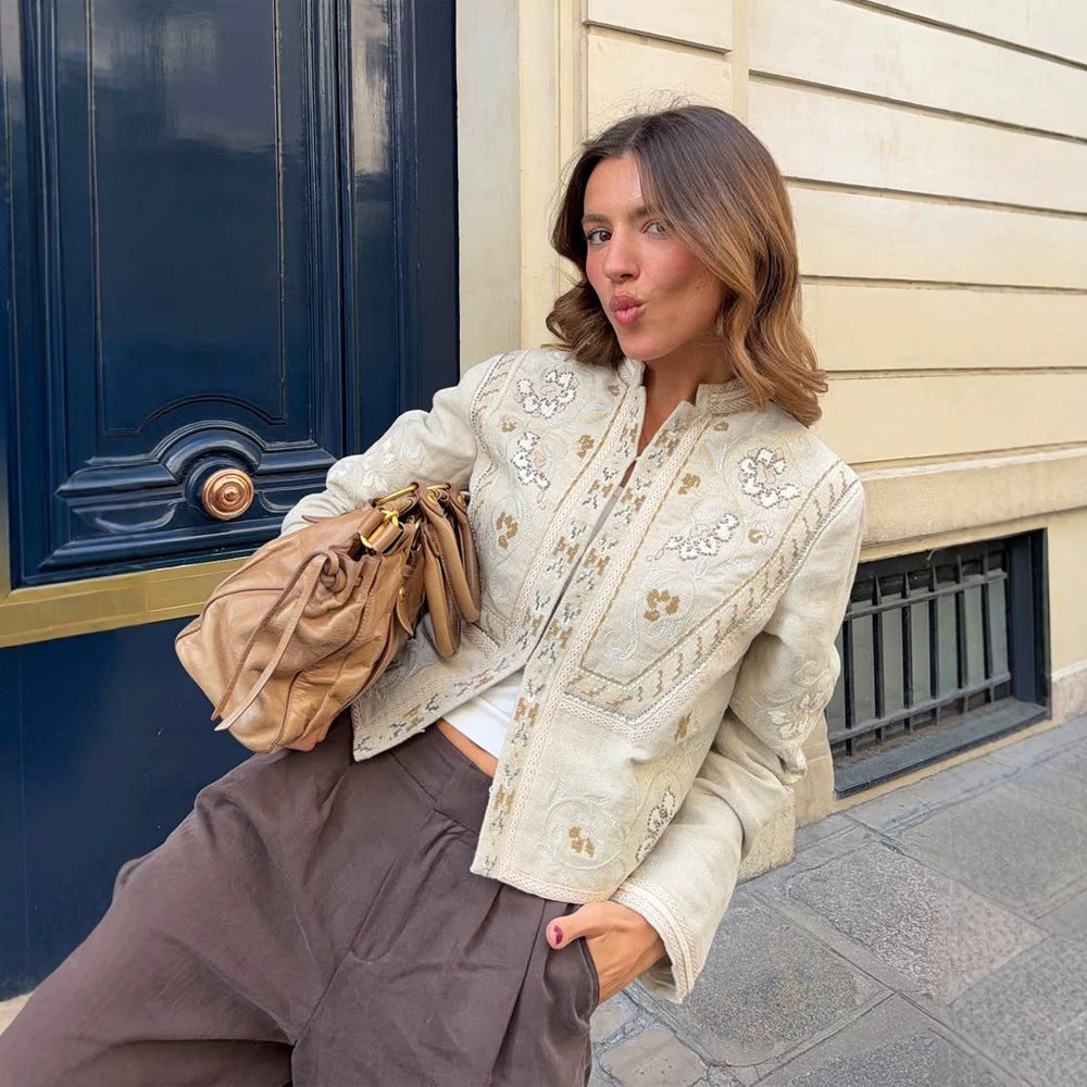 Women's short jacket made of linen blend with elaborate embroidery, stand collar, and tailored silhouette Mune Fashion