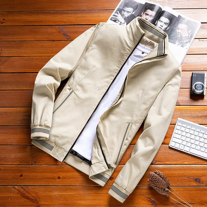 Men's lightweight canvas bomber with striped ribbed cuffs, stand-up collar and zippered pockets Mune Fashion