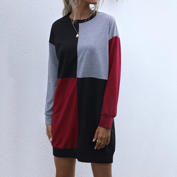 Women's Loose Block Design Sweatshirt Dress with Oversize Fit and Cuffs
