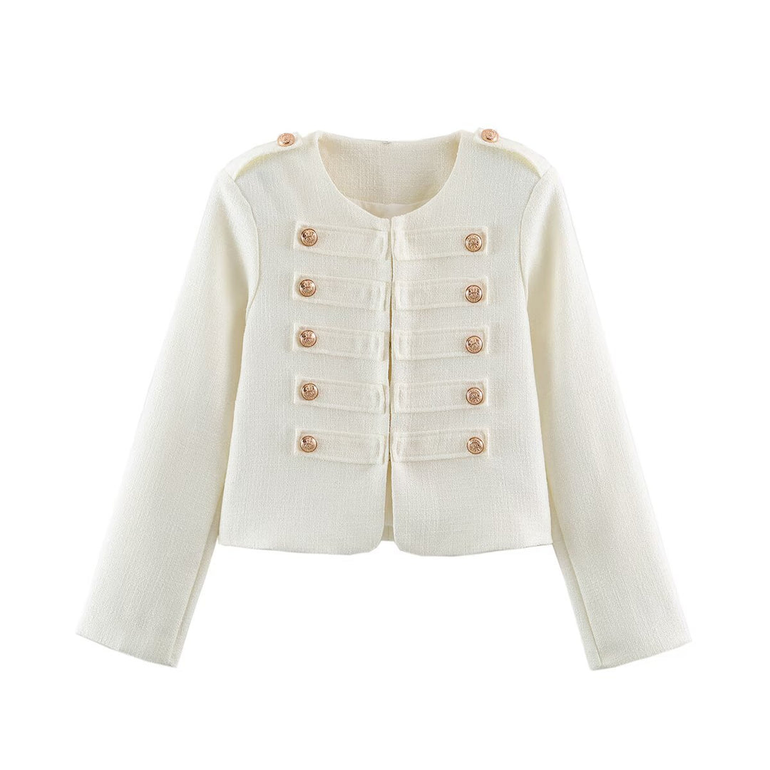 Women Short Boucle Jacket in Military Style with Decorative Stripes and Gold Buttons Mune Fashion