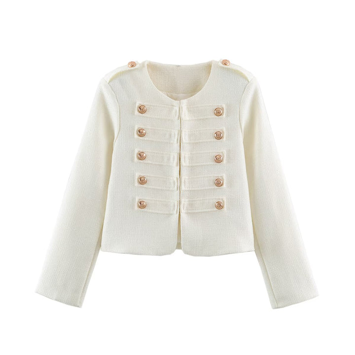 Women Short Boucle Jacket in Military Style with Decorative Stripes and Gold Buttons Mune Fashion