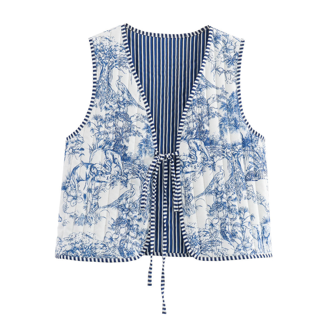 Women Patchwork Vest with Tie Band and V-Neck Mune Fashion
