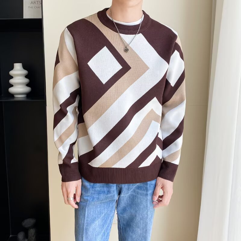 Men's fashionable chunky knit sweater with geometric pattern Mune Fashion 1787964731