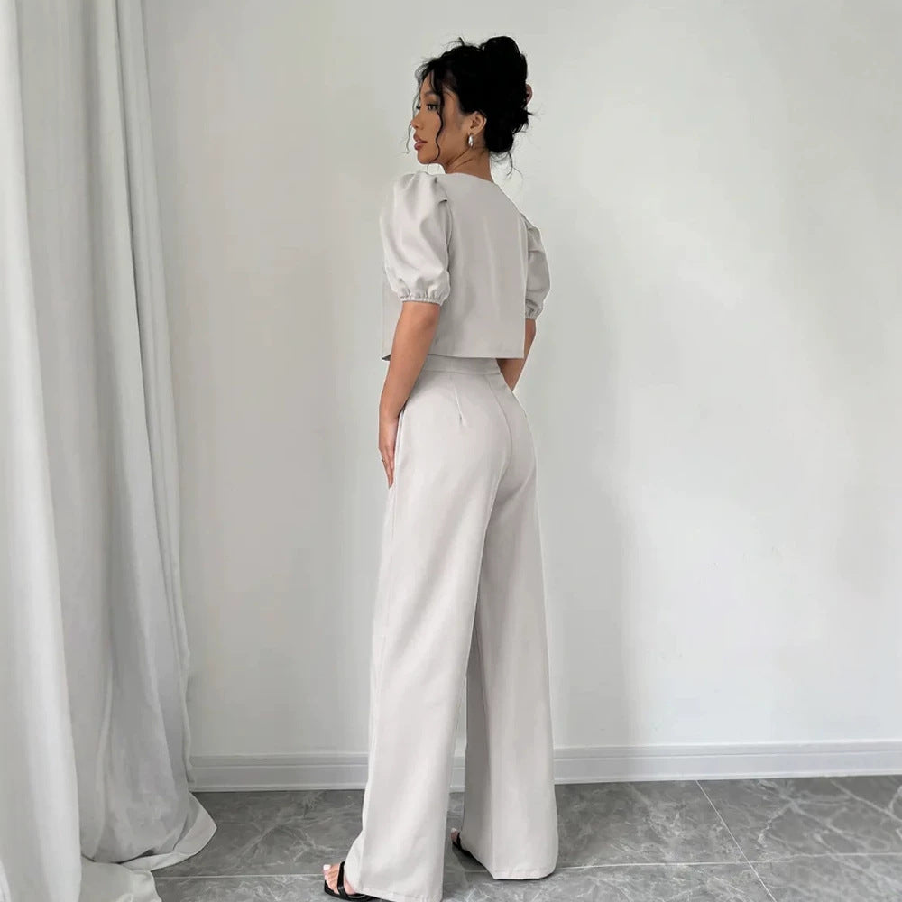 Women Two-Piece Tailoring Set with Short Jacket, Puff Sleeves and High-Cut Wide Pants Mune Fashion
