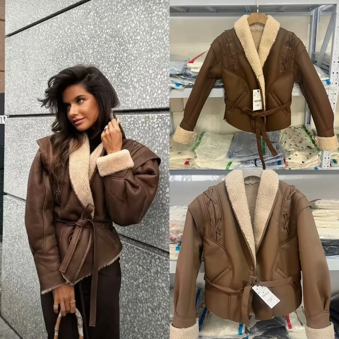 Women's tailored faux leather jacket with Sherpa lining, wrap belt, and side lacing details Mune Fashion