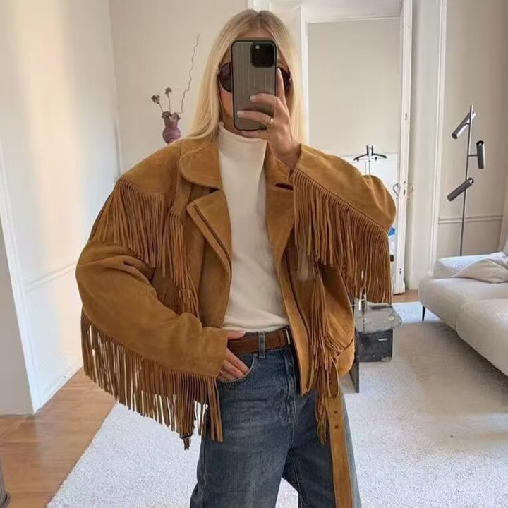 Women's Suede Look Fringe Jacket with Oversized Cut, Waist Belt and Statement Sleeves Mune Fashion
