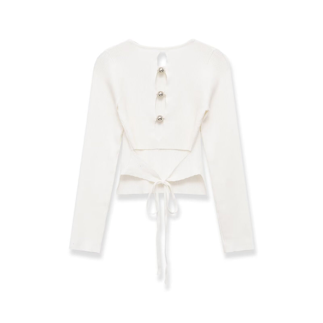 Women Ribbed Long Sleeve Sweater Short Cut with Back Lacing Mune Fashion