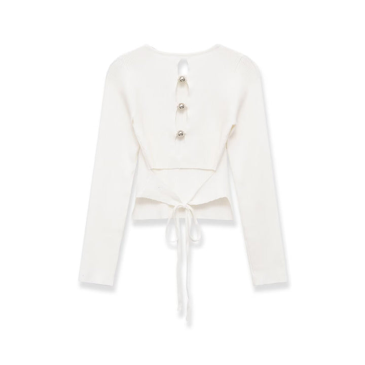 Women Ribbed Long Sleeve Sweater Short Cut with Back Lacing Mune Fashion