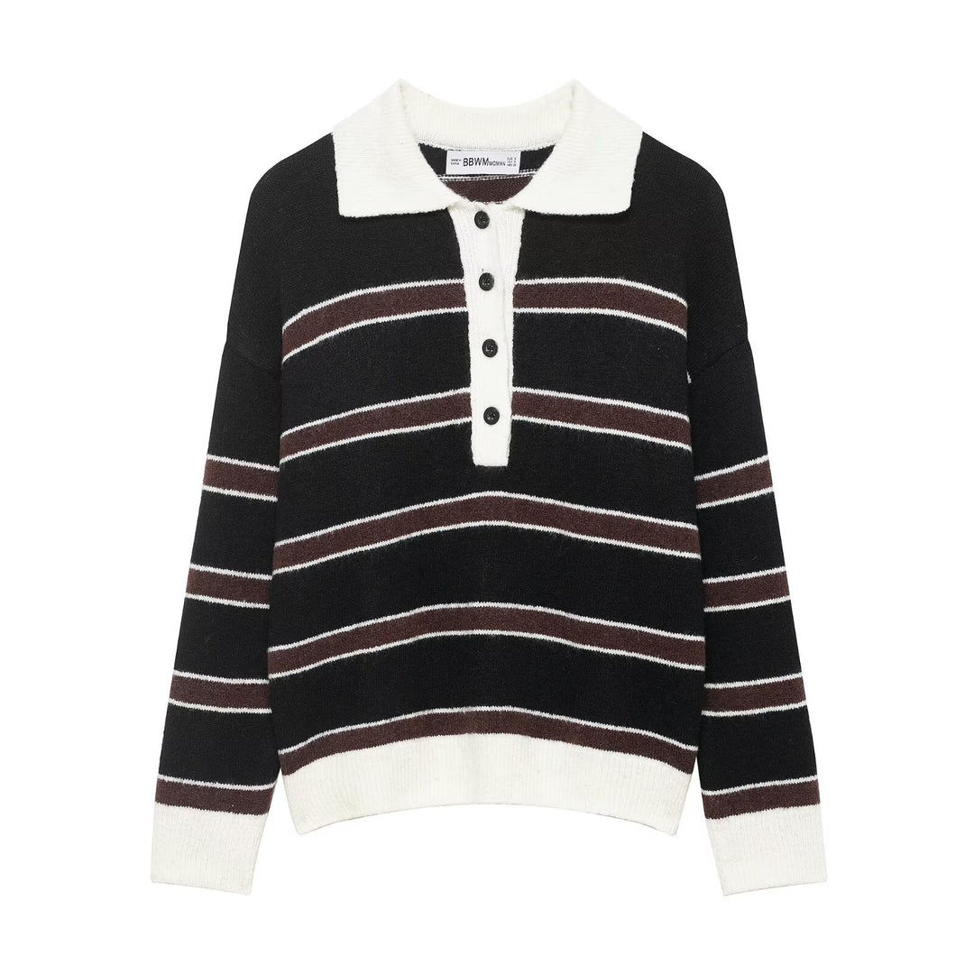 Ladies Striped Polo Collar Sweater made of soft textured knit with button placket Mune Fashion