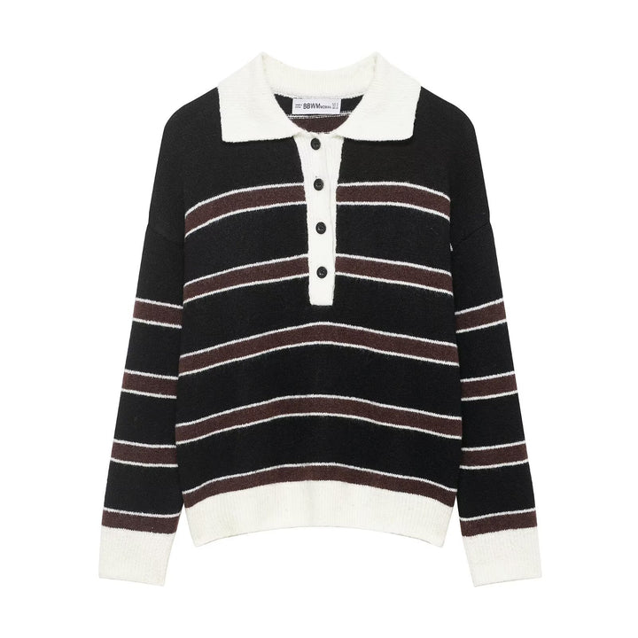 Ladies Striped Polo Collar Sweater made of soft textured knit with button placket Mune Fashion
