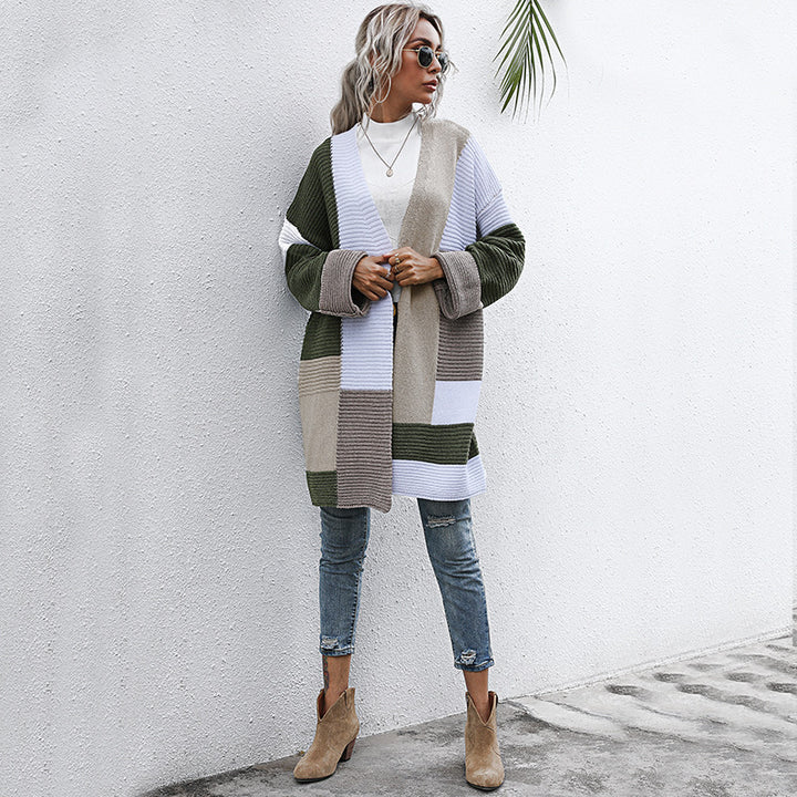Women's Oversized Knit Cardigan with Colorblock Patchwork and Open Front Mune Fashion