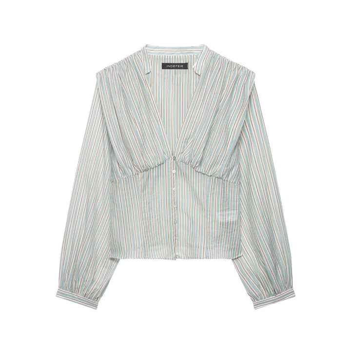 Women's Striped Cropped Blouse with Deep V-Neck and Gathered Underbust Seam Mune Fashion