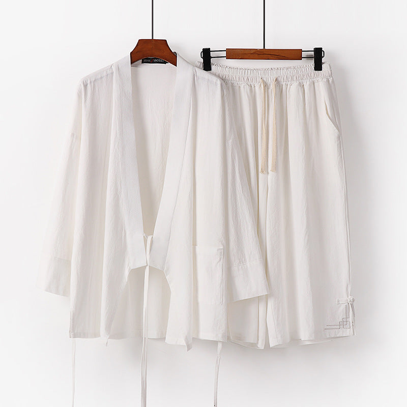 Women's Zen-Kimono-Lounge-Set made of breathable cotton blend with tie waist jacket and wide culotte pants Mune Fashion