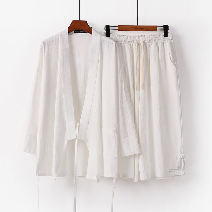 Women's Zen-Kimono-Lounge-Set made of breathable cotton blend with tie waist jacket and wide culotte pants Mune Fashion
