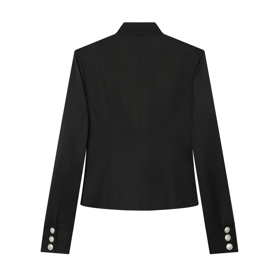 Women Military-Inspired Short Jacket with Stand-Up Collar, Decorative Button Placket and Zipper Mune Fashion
