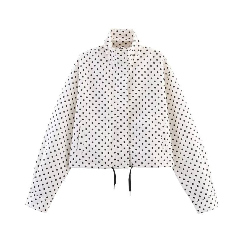 Women's Cropped Quilted Jacket with Polka Dot Print, Stand Collar and Drawstring Mune Fashion