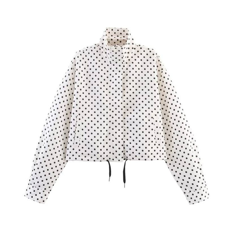 Women's Cropped Quilted Jacket with Polka Dot Print, Stand Collar and Drawstring Mune Fashion