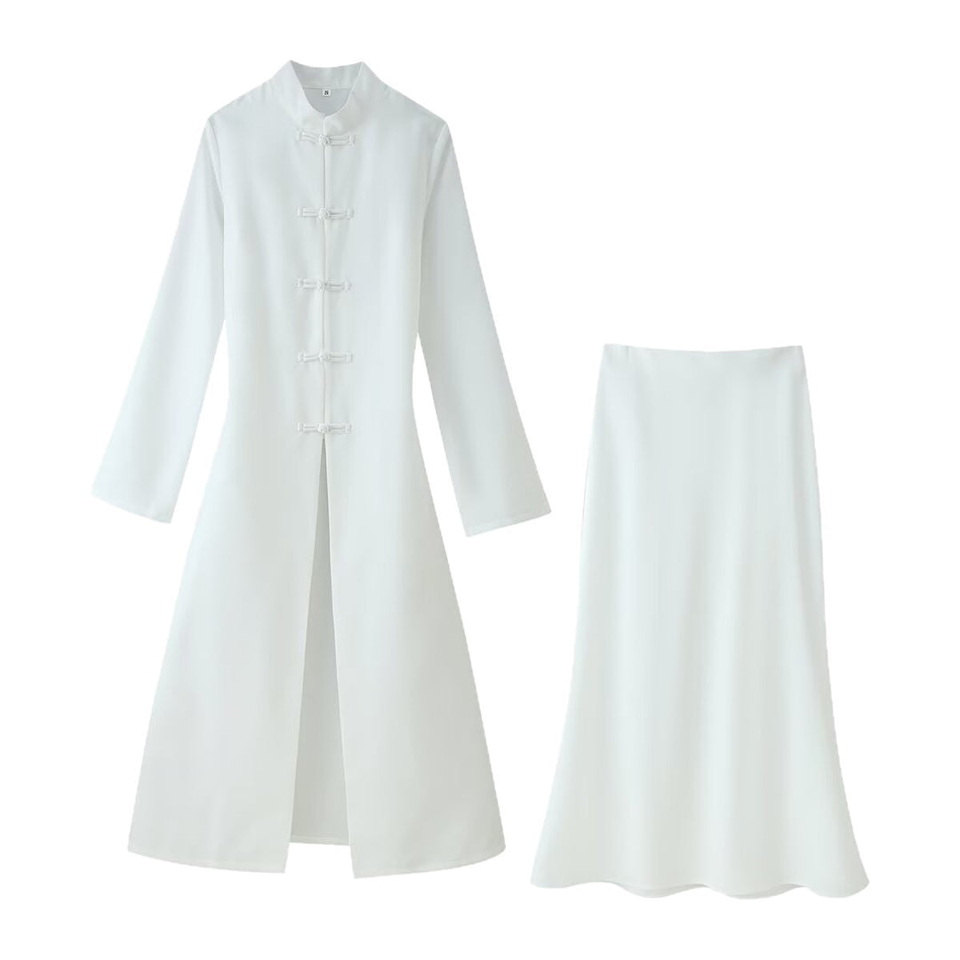 Women's Two-Piece Set: Long Coat with Mandarin Collar and A-Line Maxi Skirt Mune Fashion